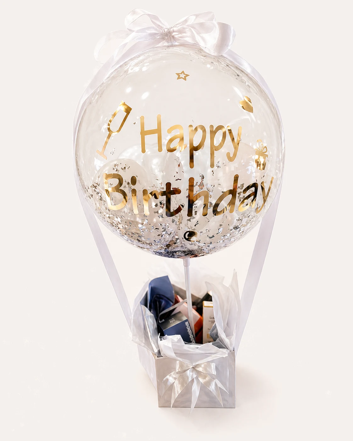 Personalized bubble balloon gift with a ribbon and boxed base