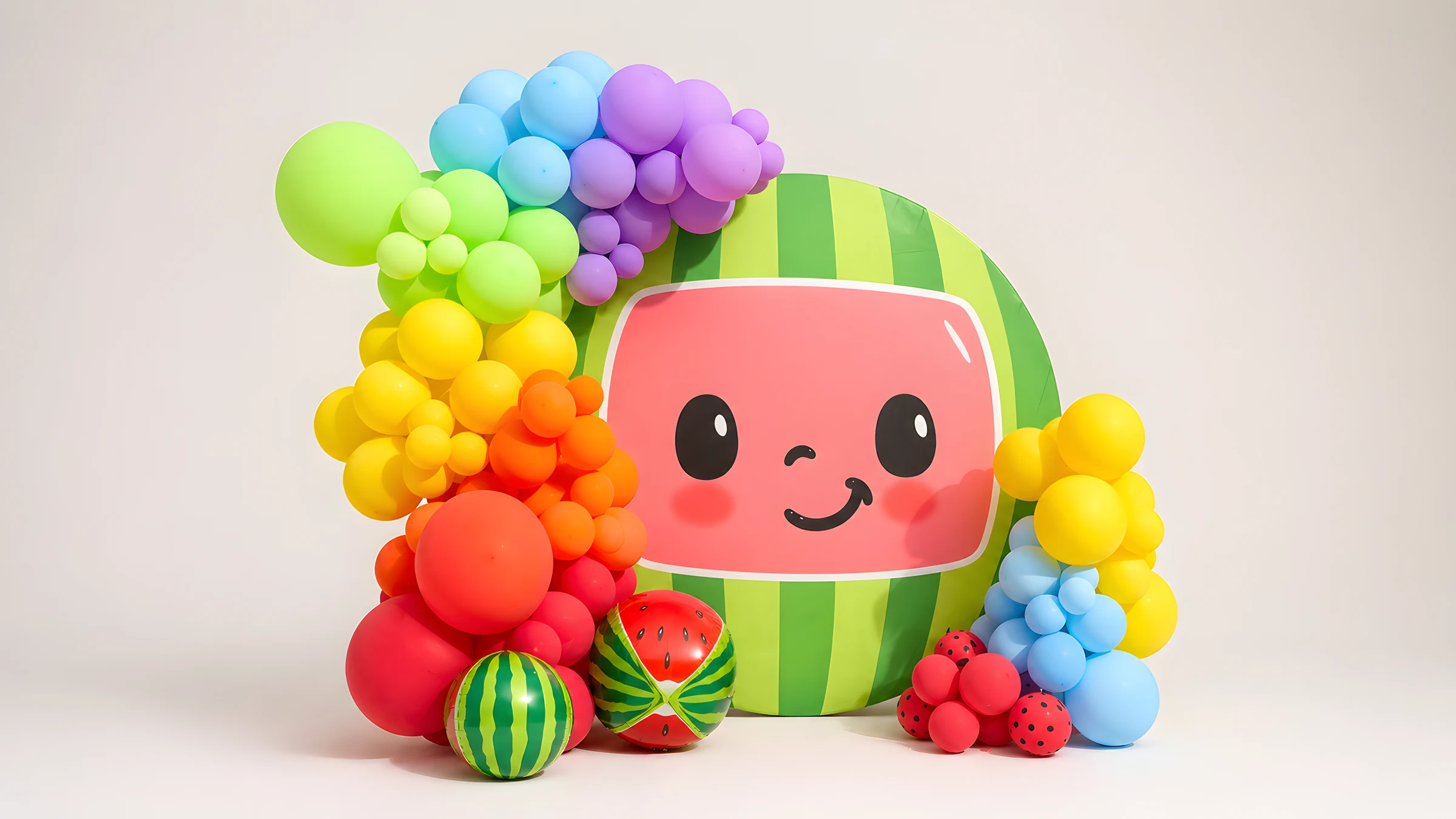 Colorful watermelon-themed balloon birthday backdrop